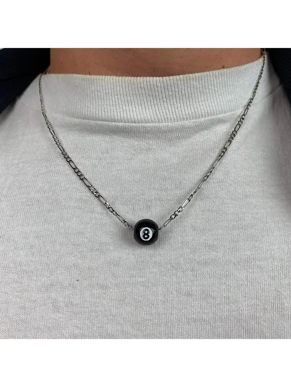 Cyber Y2k Figaro silver chain 8 ball pendant necklace. Cool simple design.